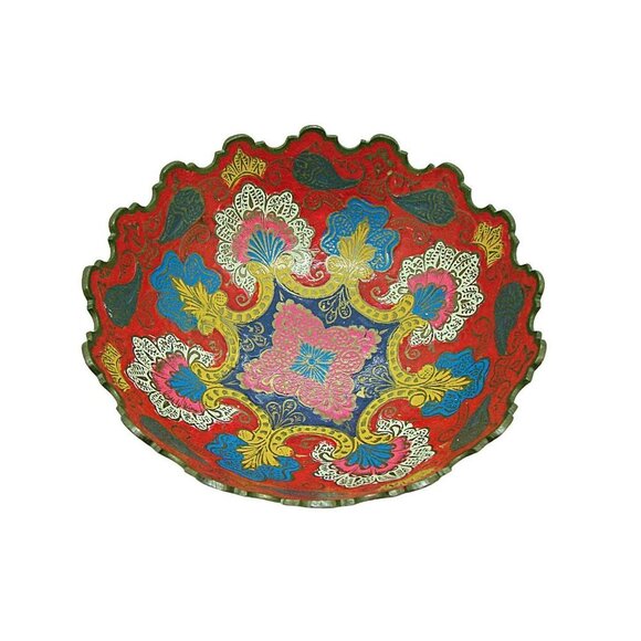 Vintage Multicolor Brass Enamel Scalloped Edge Raw Brass Foot Peacock Bowl Sz 6" - Picture 4 of 12